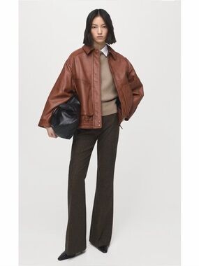 NWT Mango Leather Bomber Jacket - Brown